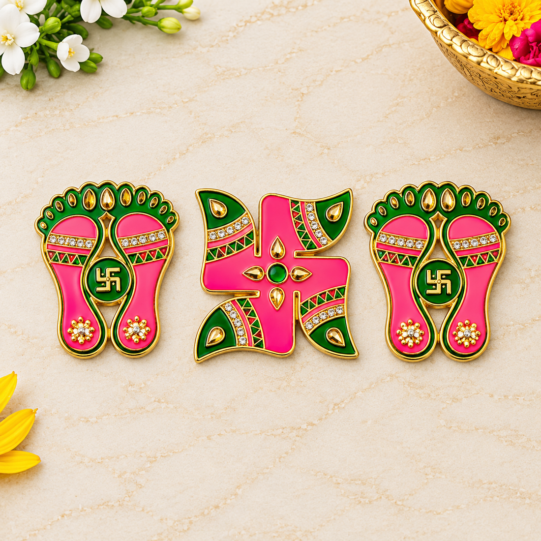 Pink & Green Charan Paduka and Swastik Stickers