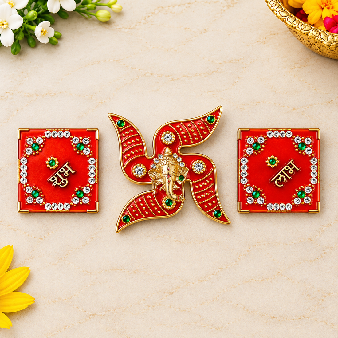 Glorious Red Shubh Labh and Swastik Stickers Set of 3