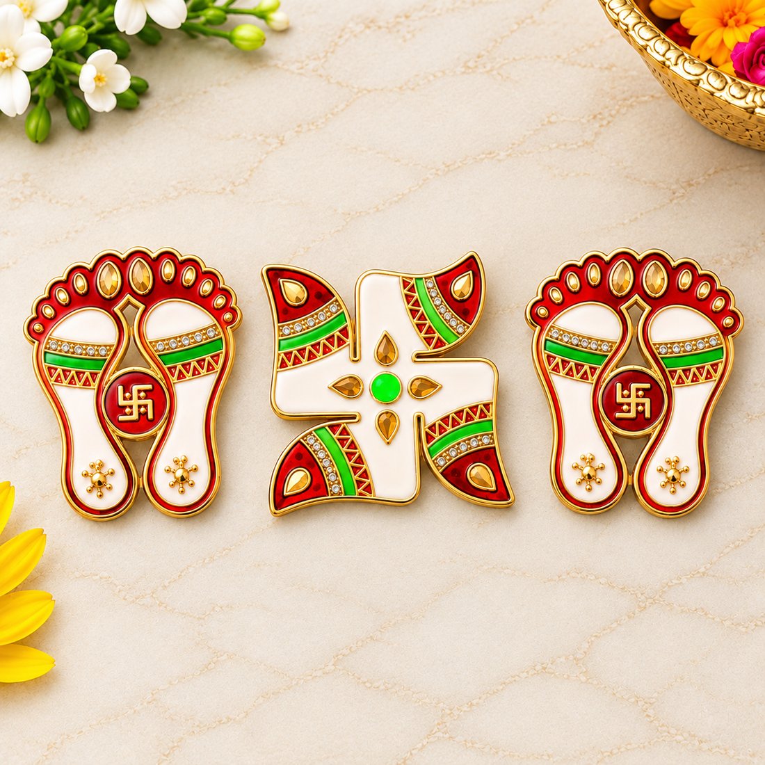Luminous Joy Swastik and Charan Paduka Stickers Set of 3