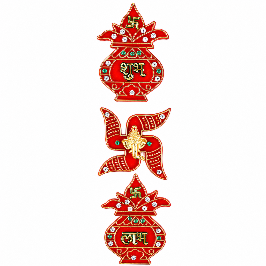 Luminous Red Shubh Labh and Swastik Stickers Set of 3