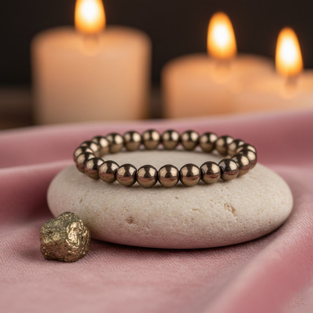 Natural golden pyrite healing bracelet with 8mm round beads. India’s Largest Pooja Accessories Brand - www.satvikstore.in