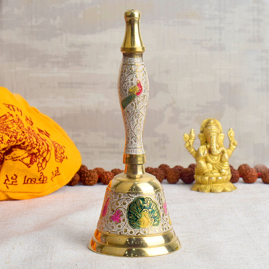Handcrafted Meenakari Brass Puja Bell in White color – 7 Inch traditional pooja bell for temple rituals and spiritual ceremonies. India’s Largest Pooja Accessories Brand - www.satvikstore.in