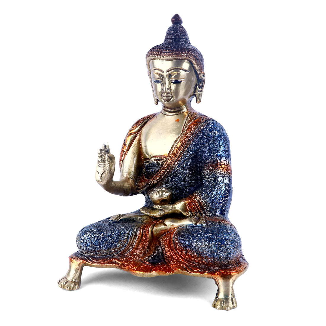 8.3 Inch Contemplative Brass Colorful Buddha Idol Blue
