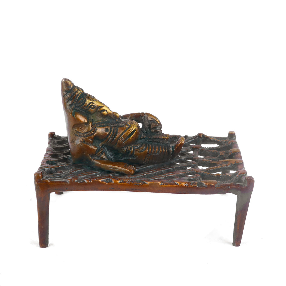 3.3 Antique Brass Ganesha Relaxing On Charpoy