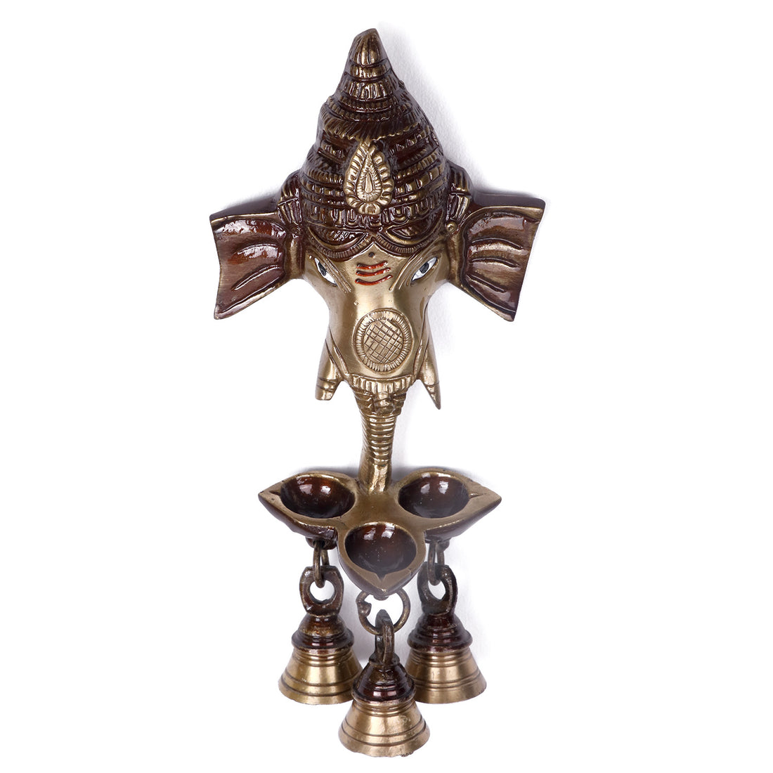 8.8 Inch Brass Ganesh With Bell And Diya Wall Hanging