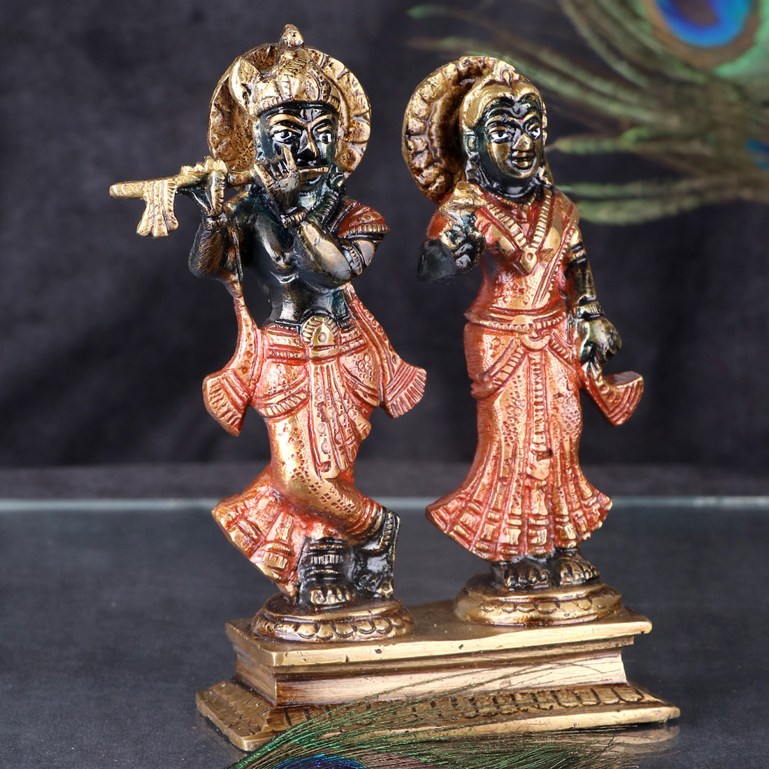 5.9 Inch Handmade Black & Antique Radha Krishna Brass Idol