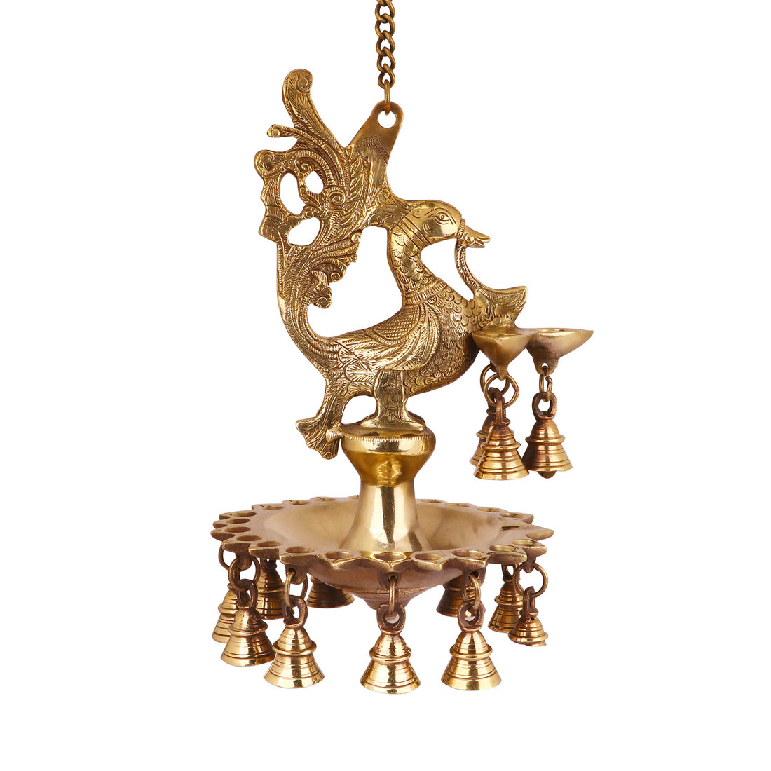 Brass Peacock Diya Hanging with Bells