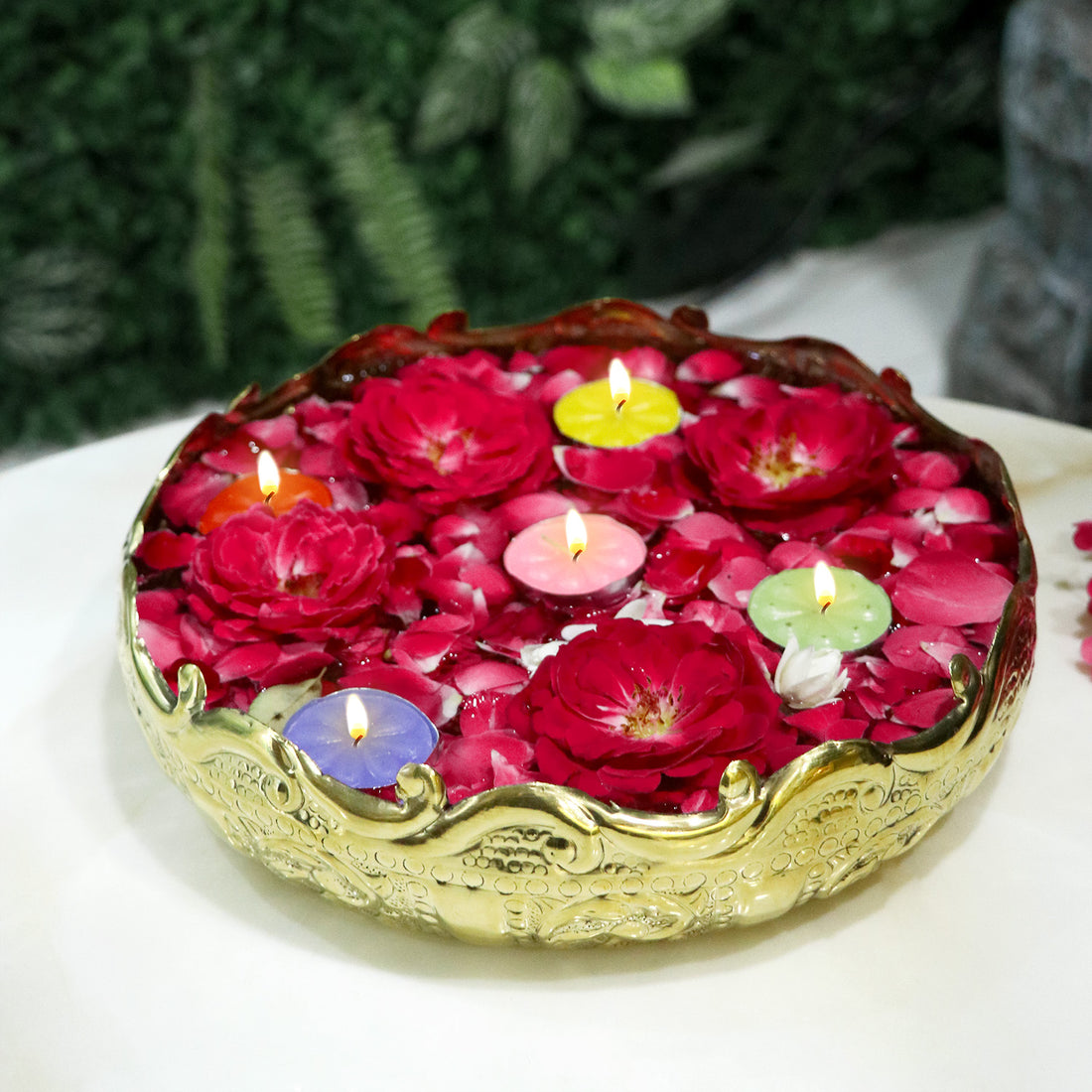 Elegant Floral Design Embossed Brass Urli For Decor