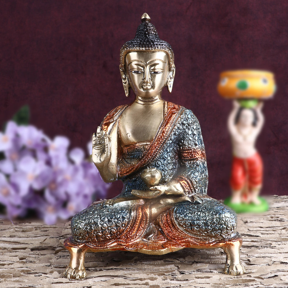 8.3 Inch Contemplative Brass Colorful Buddha Idol Green