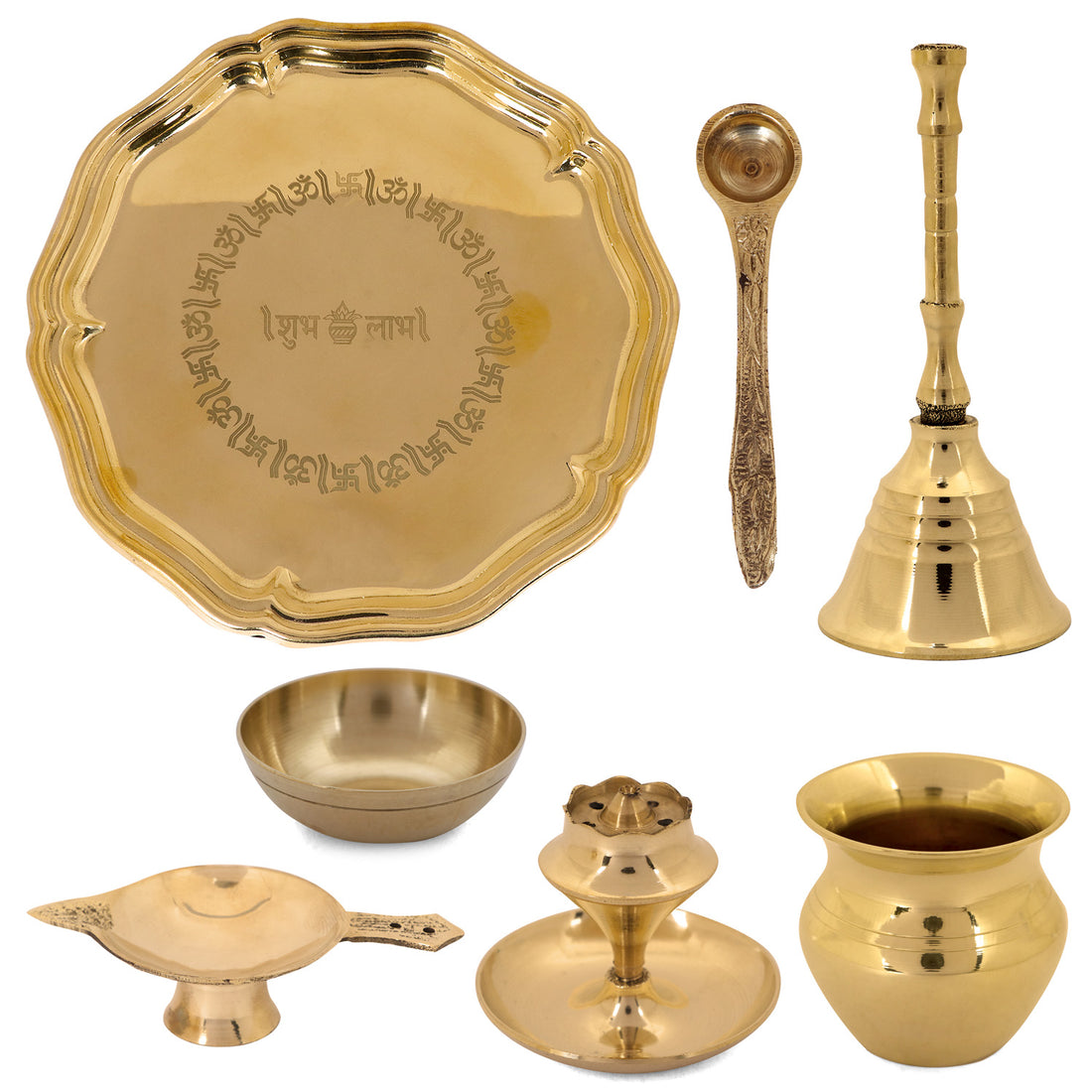 7 Piece Brass Shubh Labh Pooja Thali Set (8 Inch) Design 8
