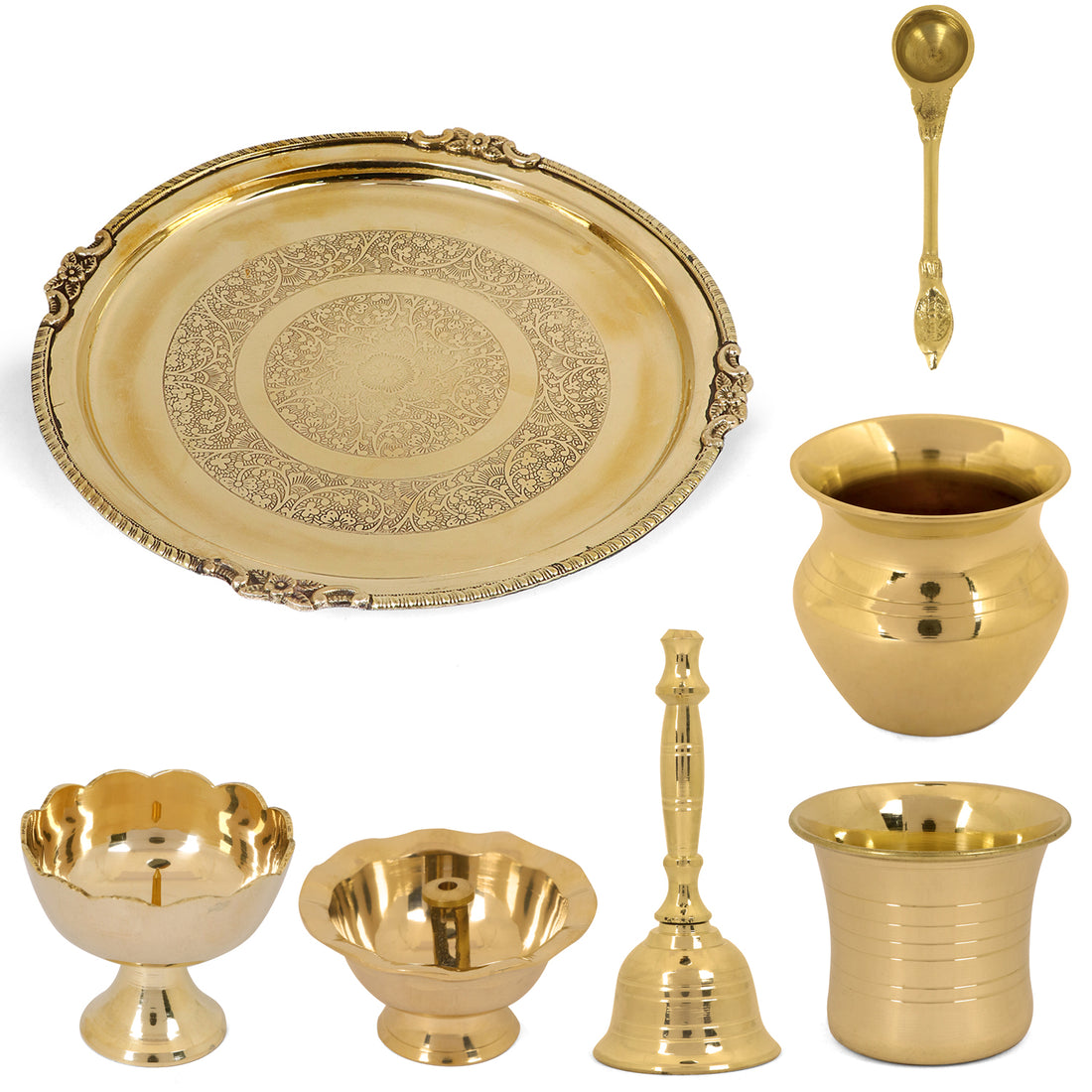 7 Piece Brass Royal Pooja Thali Set (9 Inch - 10 Inch) Design 1