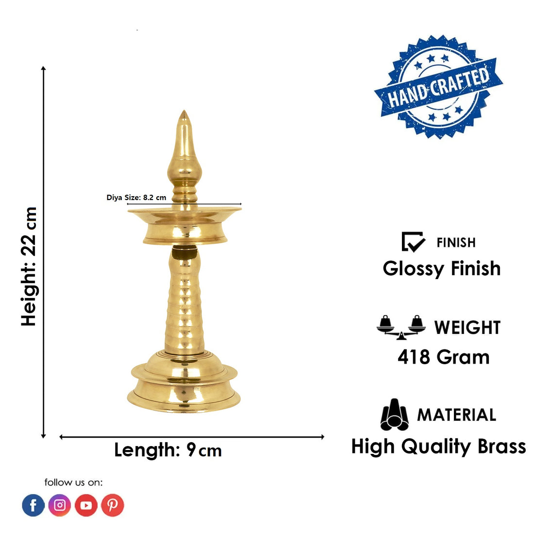 9 Inch Small Brass Kerala Diya. AKP NilaVilakku Deepam