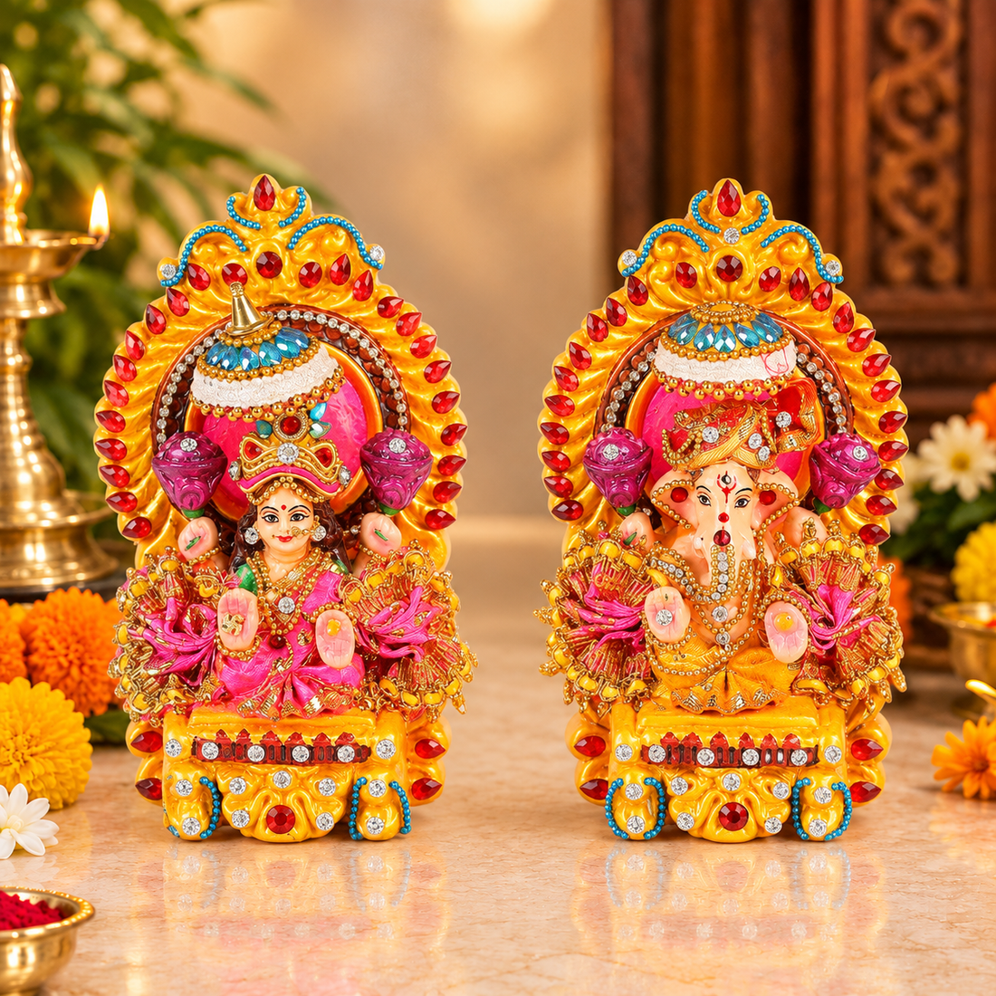 Lakshmi Ganesh Idol with Stone Work | India’s Largest Pooja Accessories Brand – www.satvikstore.in