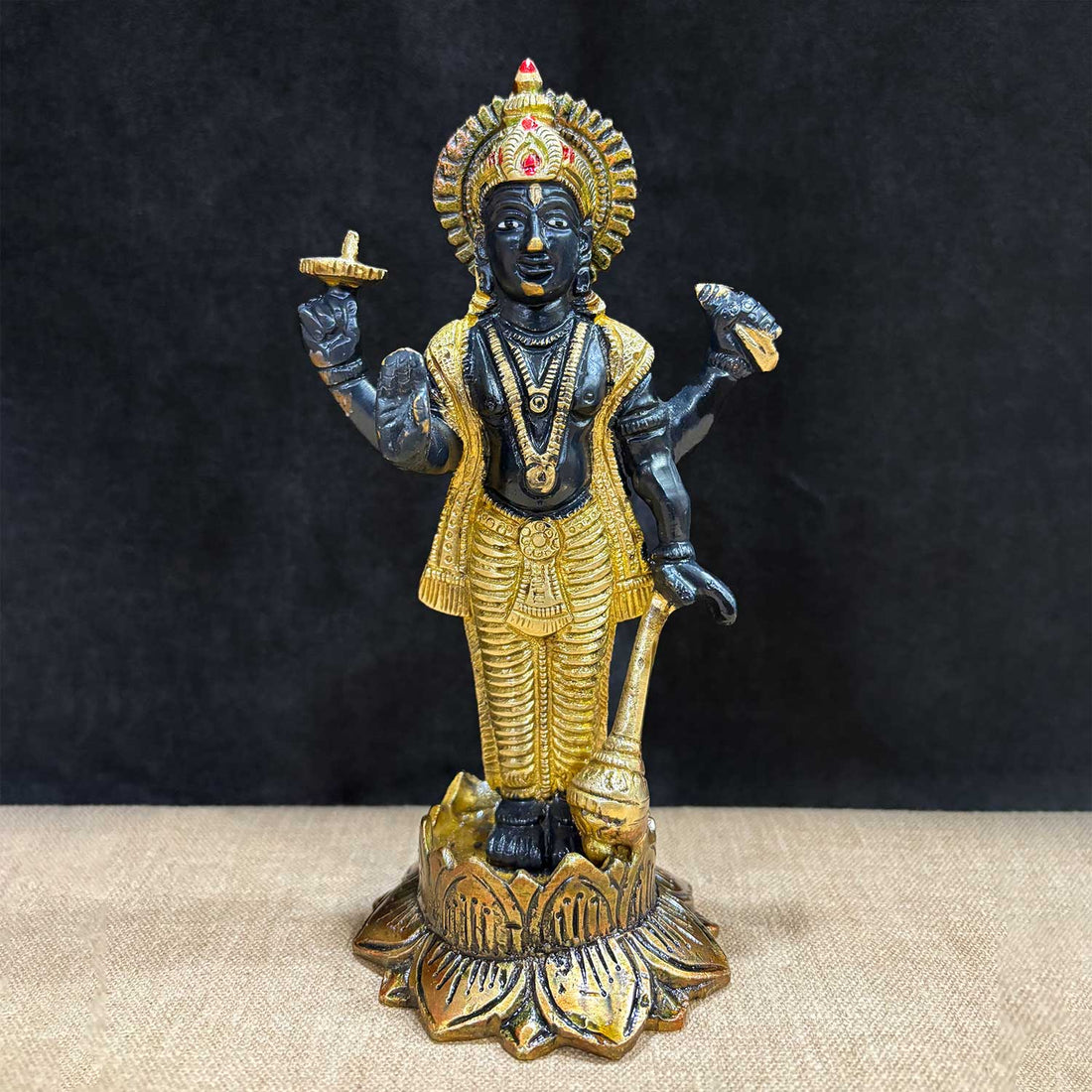 7 Inch Majestic Lord Vishnu Ji Statue, beautifully crafted in brass, representing divine protection, blessings, and serenity—perfect for home temples and spiritual decor. No.1 Brass Idol Store www.satvikstore.in