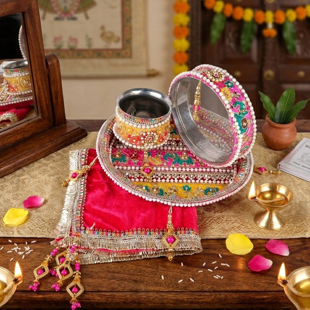 Pink Karwa Chauth Thali Set | India’s Largest Pooja Accessories Brand – www.satvikstore.in