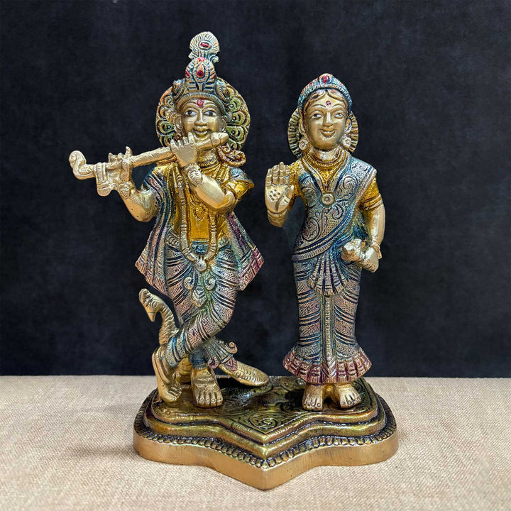 8 Inch Radha Krishna Idol crafted in pure brass, depicting the divine couple in a loving pose, symbolizing eternal devotion and spiritual love β perfect for home temples and gifting. No.1 Brass Idol Store www.satvikstore.in