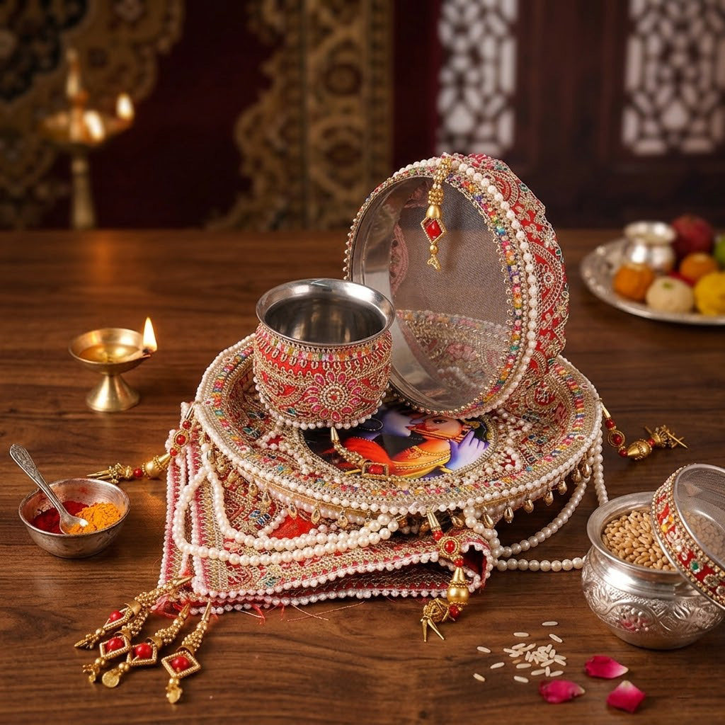 Red Karwa Chauth Thali Set | Indiaβs Largest Pooja Accessories Brand β www.satvikstore.in