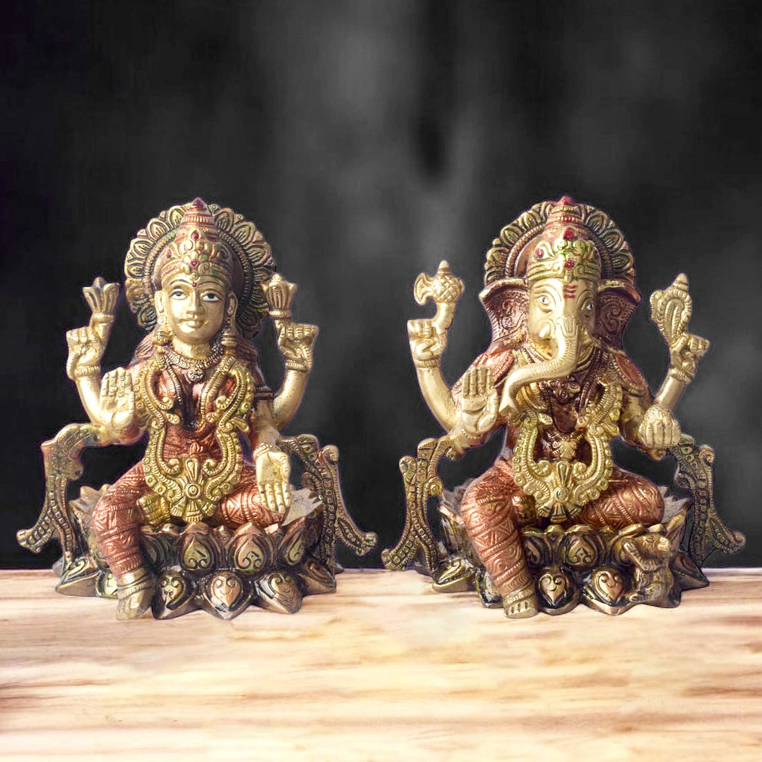 7 Inch Divine Handcrafted Brass Lakshmi Ganesha Idol