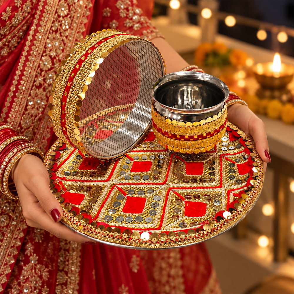 Glowing Reverence Karwa Chauth Thali Set - 3pc