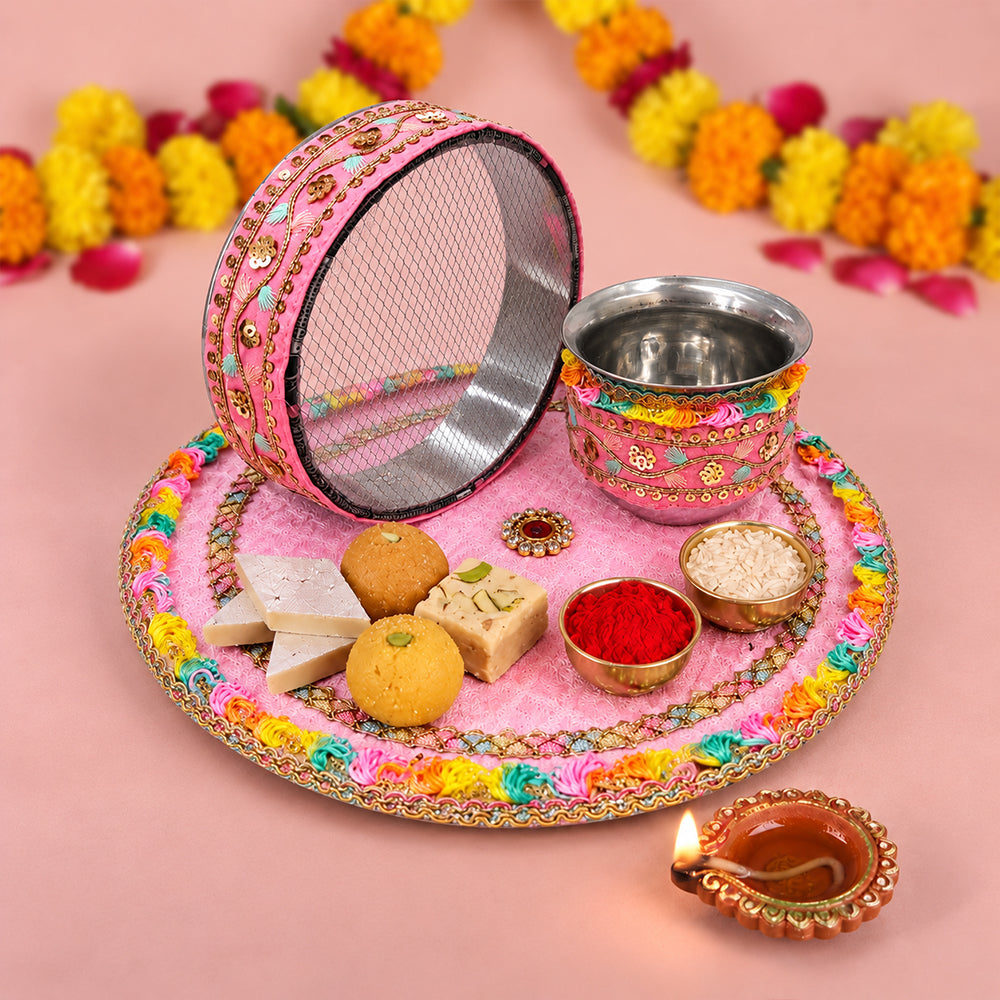 Artisanal Pink Fabric Karwa Chauth Thali 3 Pcs Set