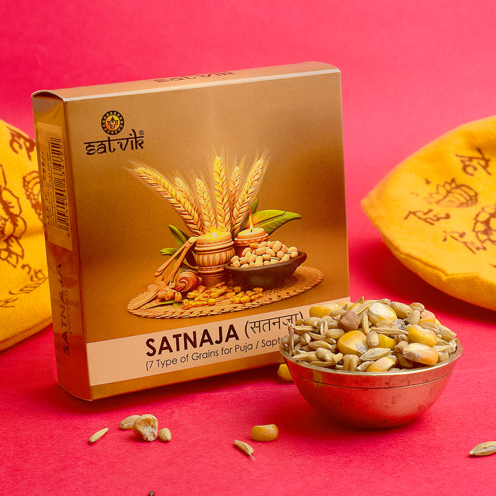 Satnaja 7 Anaj Puja Sapta Dhanya for Havan Samagri and Puja Rituals, a blend of seven sacred grains used in spiritual rituals, offering blessings, prosperity, and purification during pooja ceremonies β Indiaβs Largest Pooja Accessories Brand β www.satvikstore.in