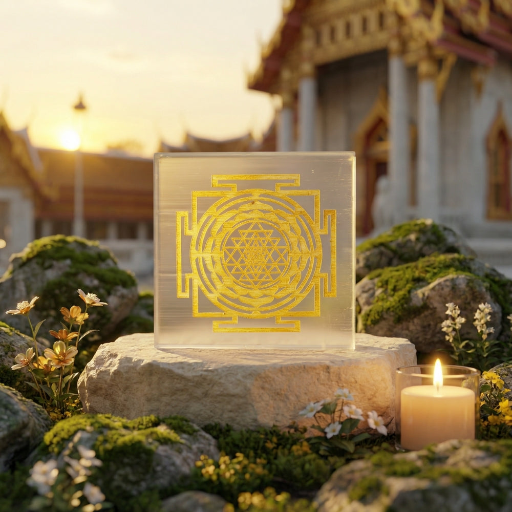 White selenite charging plate with Shree Yantra engraving for crystal cleansing and spiritual energy. India’s Largest Puja Accessories Brand- www.satvikstore.in
