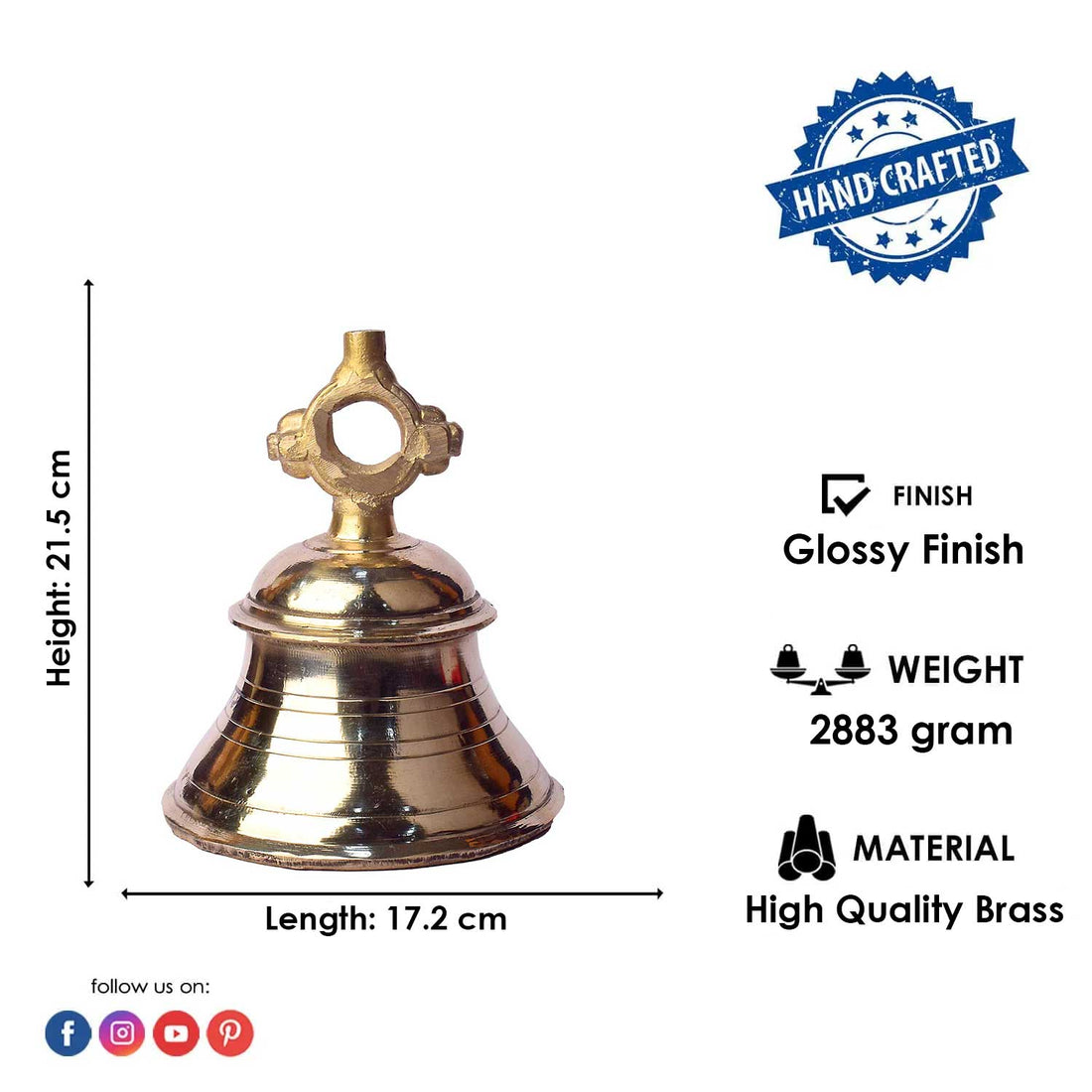 8.5 Inch Premium Brass Pooja Bell - Ghanta for Mandir
