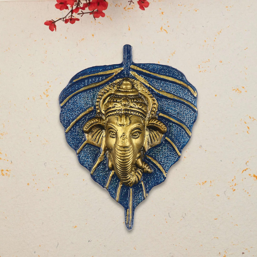 1 Pc Lord Ganesh Face on Leaf Patta Wall Hanging Yellow