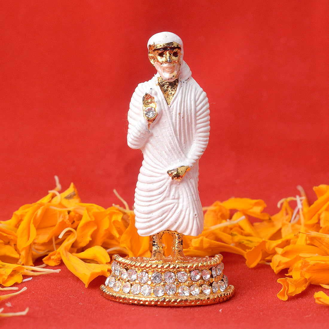 Standing Sai Baba Idol, meticulously crafted with fine details, showcasing Sai Baba in a serene and divine pose, perfect for spiritual devotion, worship, and as a sacred decoration.India’s Largest Pooja Accessories Brand – www.satvikstore.in