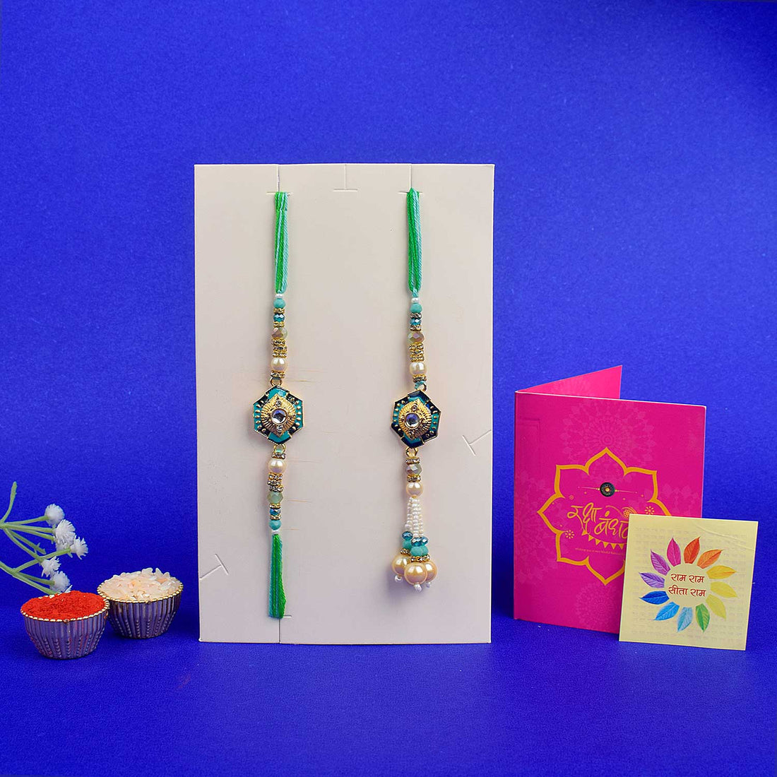 Designer Couple Rakhi Set for Bhaiya and Bhabhi with Roli Chawal and Ram Sita Stickers – Raksha Bandhan Gift Combo. India’s Largest Brass Idols Brand - www.satvikstore.in