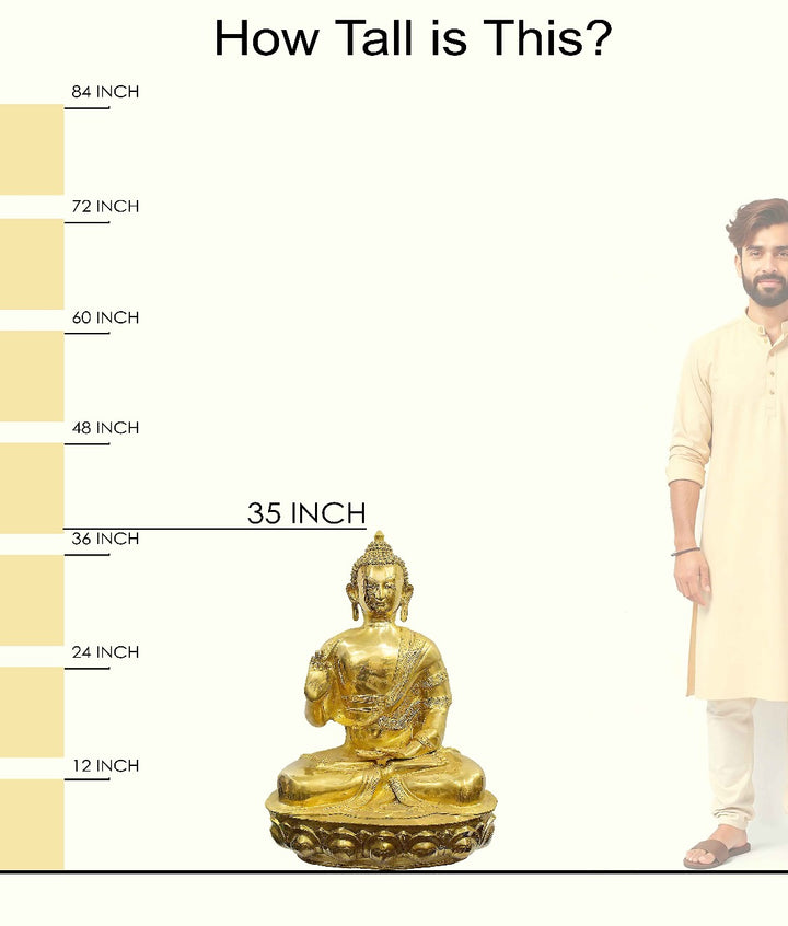Handcrafted brass statue of Buddha seated in the Abhaya Mudra (gesture of fearlessness and protection) on a lotus pedestal. Best for VIP Gift, best for big premium gift, best for your meditation space, symbol of peace and enlightenment. India's Large Puja Accessories Brand - Satvikstore.in