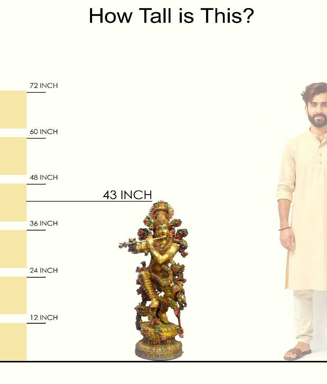 Handcrafted large brass statue of Lord Krishna playing the flute, standing in a Tribhanga pose with cows, glossy finish, weight 95000 grams (95 kg), height 110 cm (approximately 43.31 inches), length 46 cm (approximately 18.11 inches). Best for VIP Gift, best for big premium gift, best for your temple. India's Large Puja Accessories Brand - Satvikstore.in