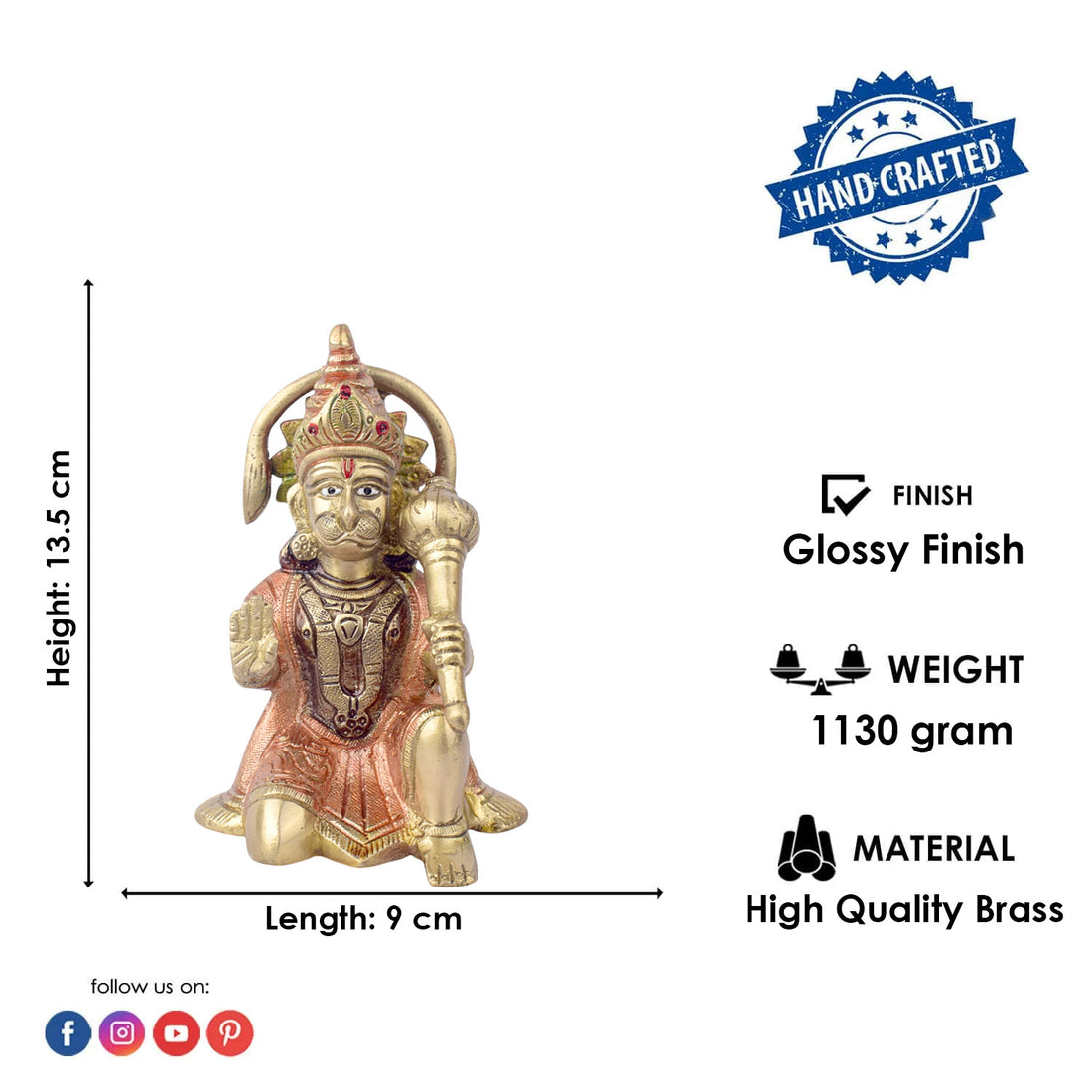 The "5.3 Inch Handcrafted Brass Hanuman Idol" is a meticulously crafted statue that beautifully captures the essence of Lord Hanumanβs strength, devotion, and protection. Standing at 5.3 inches tall, this idol is made from high-quality brass and features exquisite handcrafted detailing,