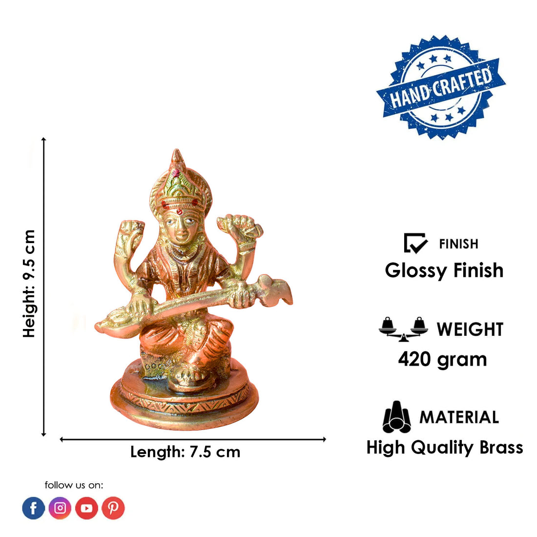 3.7 Inch Elegant Goddess Saraswati Brass Statue