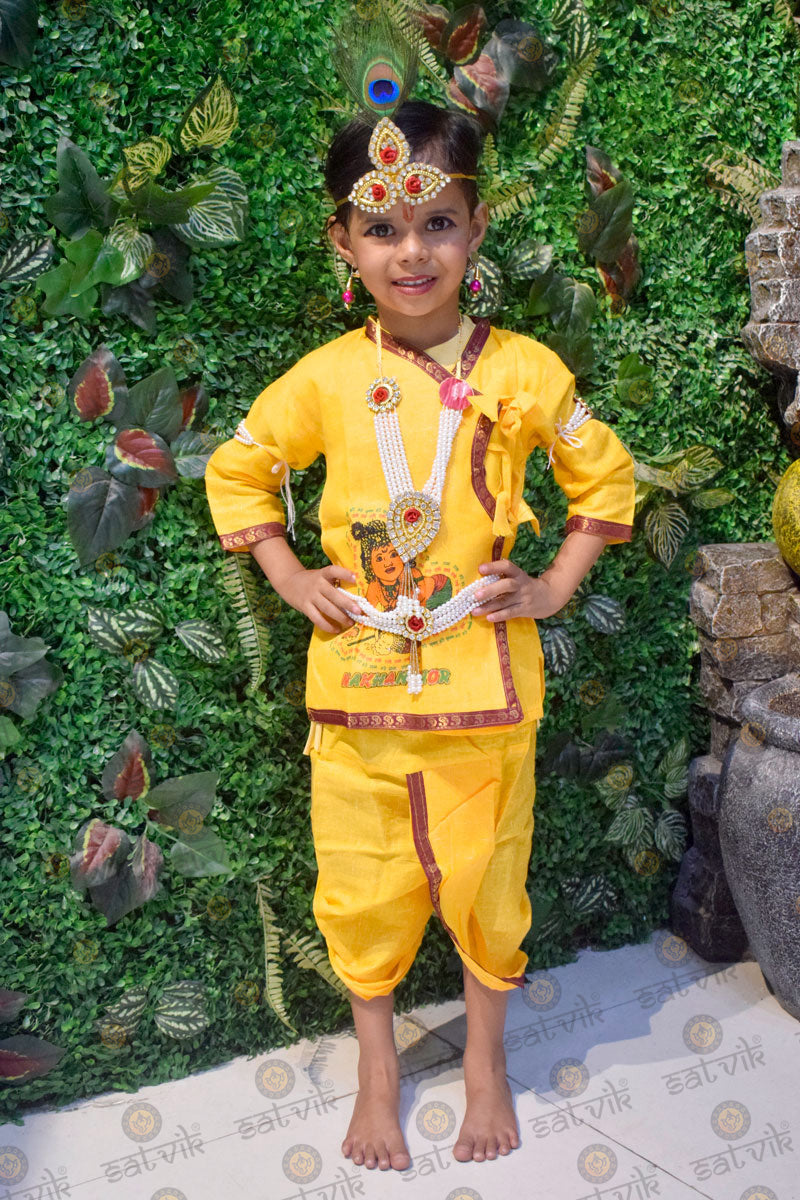 Krishna costume for kids with simple cotton yellow kurti and yellow dhoti β Indiaβs Largest Pooja Accessories Brand satvikstore.in