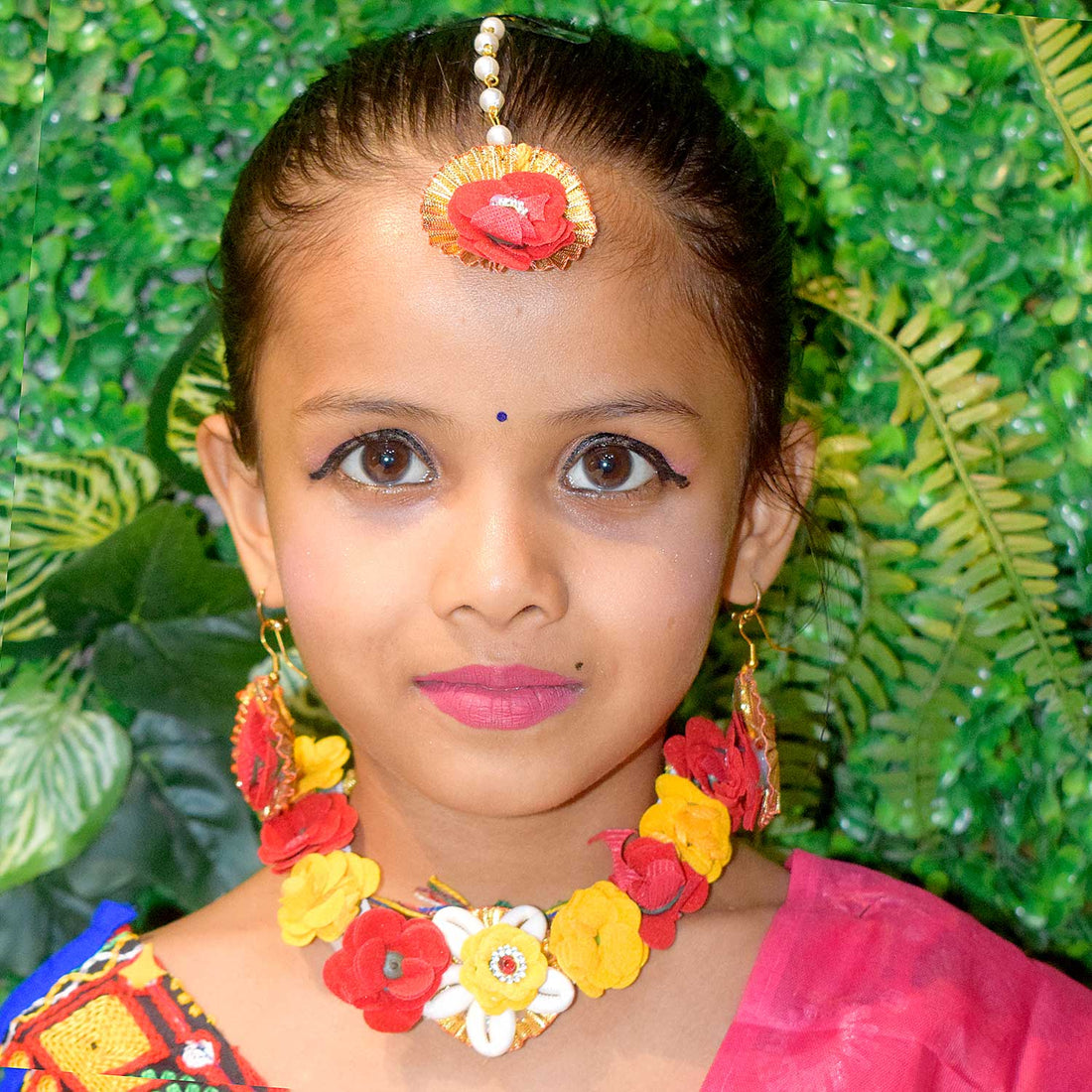 Radha Shringaar set with artificial yellow and red flowers including necklace, earrings, and maang tikka – India’s Largest Pooja Accessories Brand – www.satvikstore.in