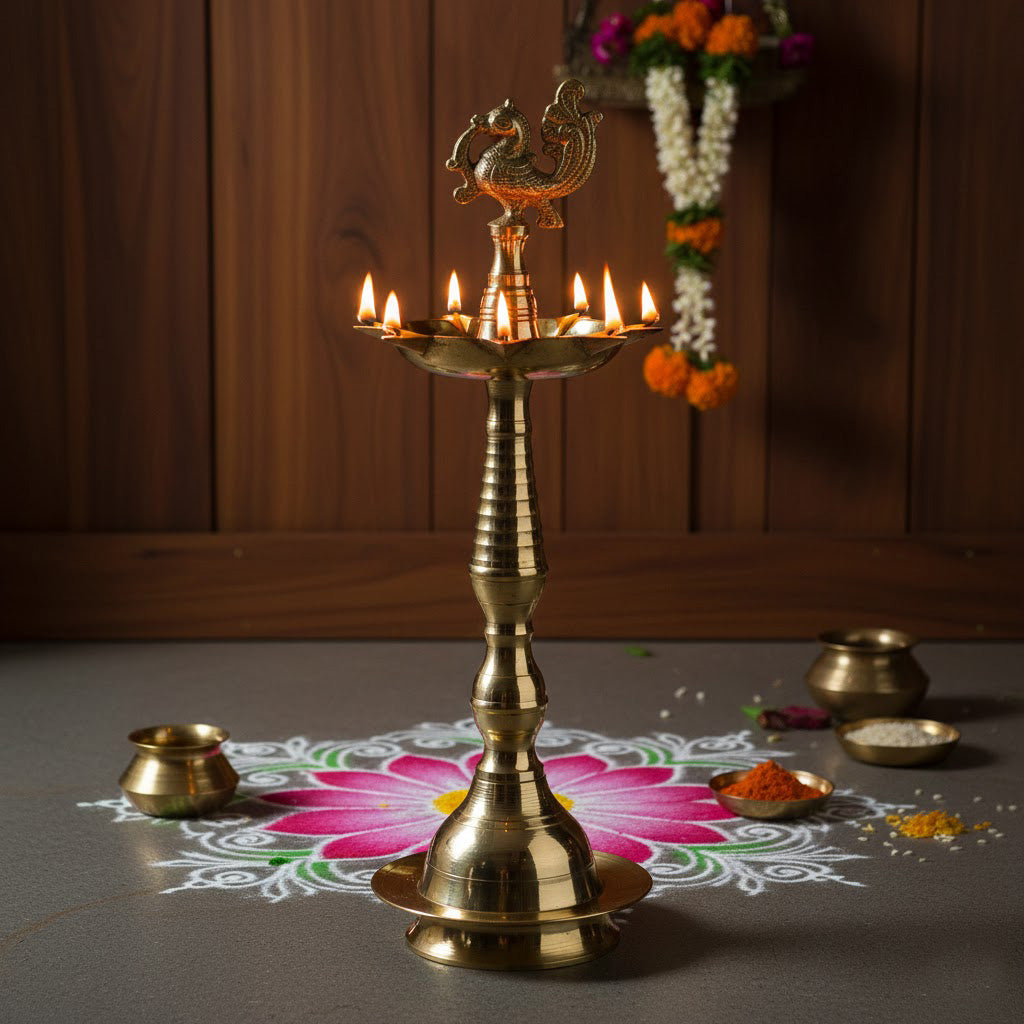 13 Inch Pure Brass Peacock Kerala Diya
