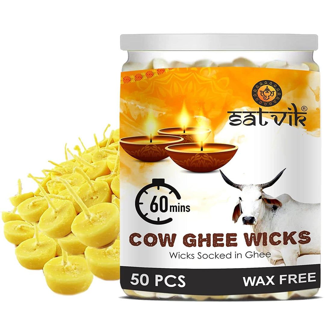 60 min. Pure Cow Ghee Diya Wicks (Wax Free)