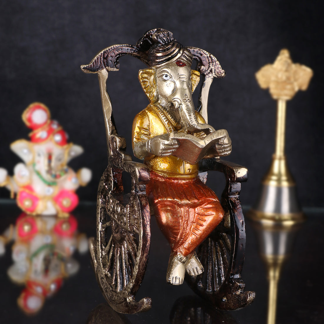 4.5 Inch Pure Brass Reading Book Ganesha Statue