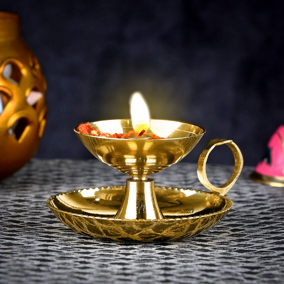Pure Brass Aarti Akhand Diya With Ring Holder