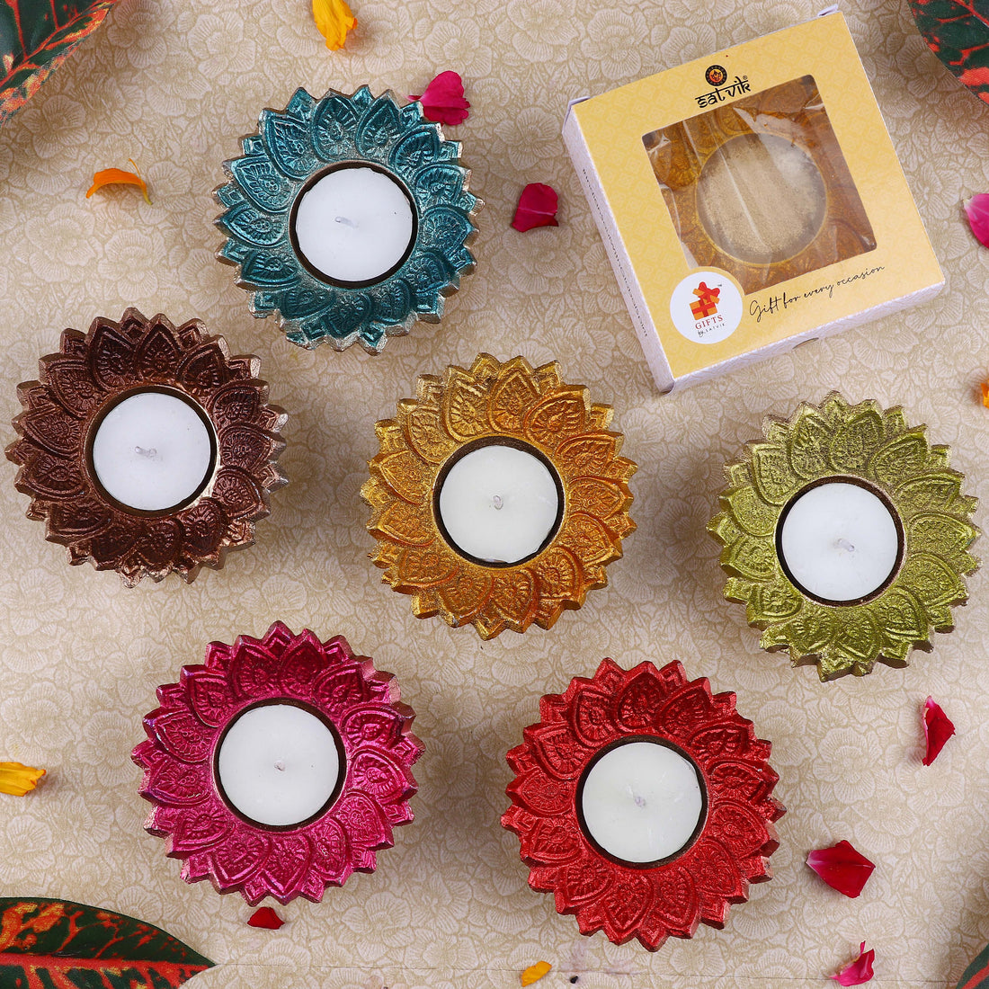 Designer Multicolor Floral Chakra Metal Diya