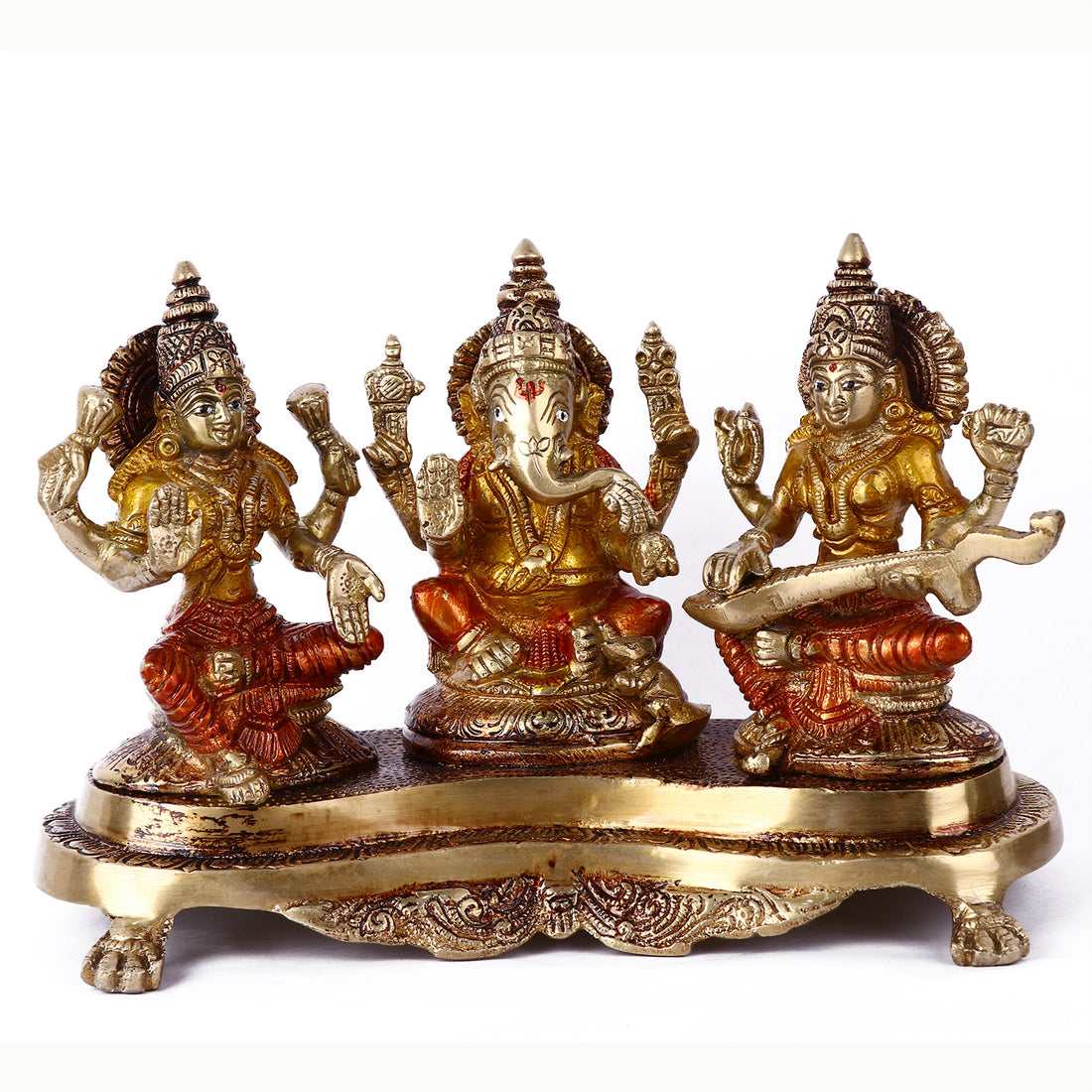 4.7 Inch Brass Lakshmi Ganesh With Saraswati Idol