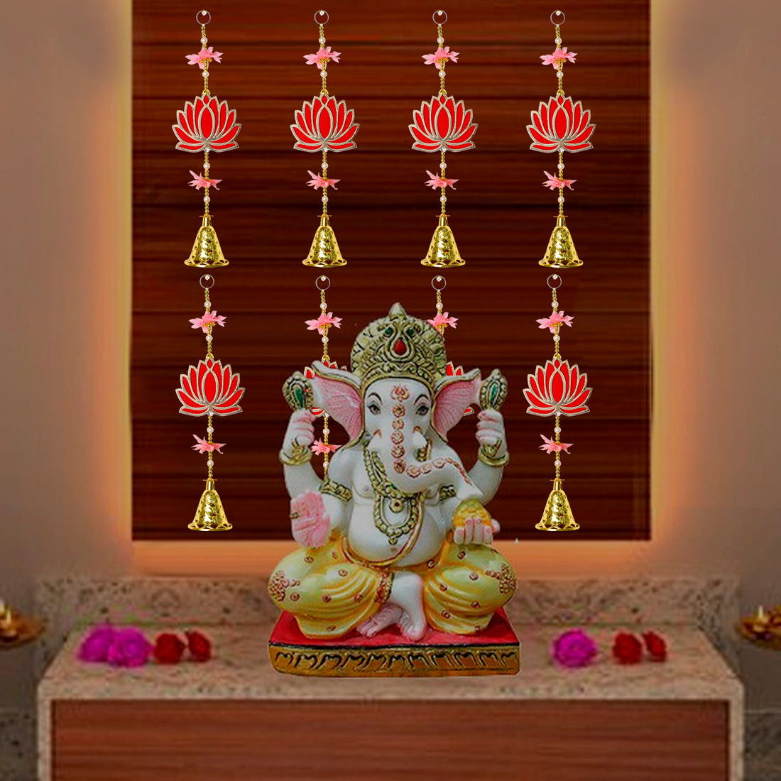 Attractive 1 Tier Lotus with Bells Wall Hanging Backdrop (4Pair Latkans)