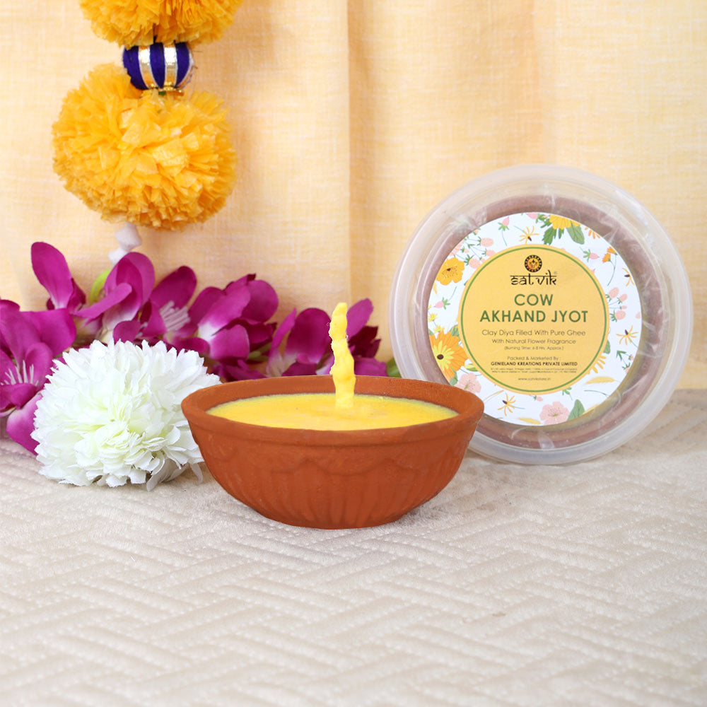 Pure Cow Ghee Akhand Jyot 6 to 8 Hours Burning Clay Diya Pack of 1