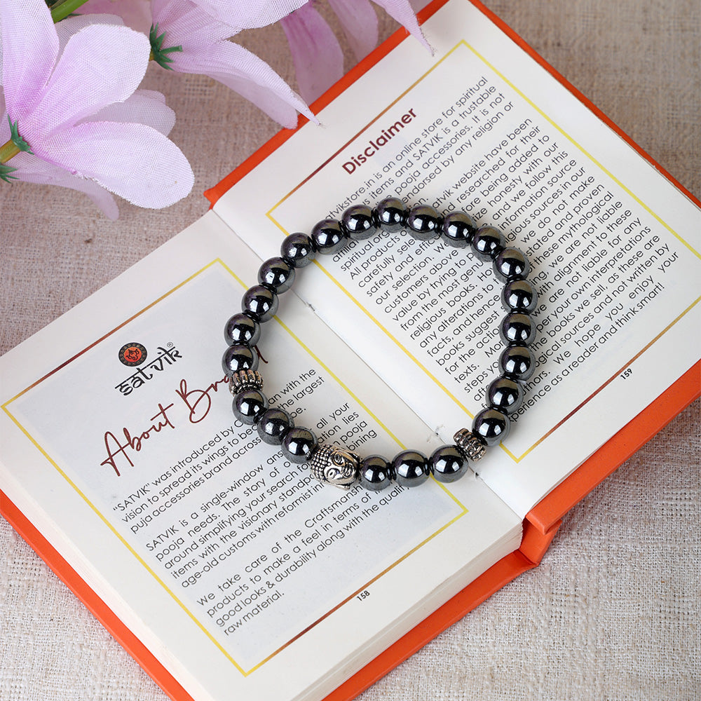 Hematite Bracelet Silver Buddha Charm Stylish Spiritual Wear