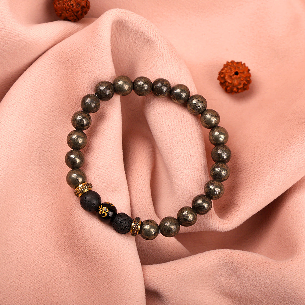 Om Raw Pyrite with Lava Bracelet Spiritual Healing Wear