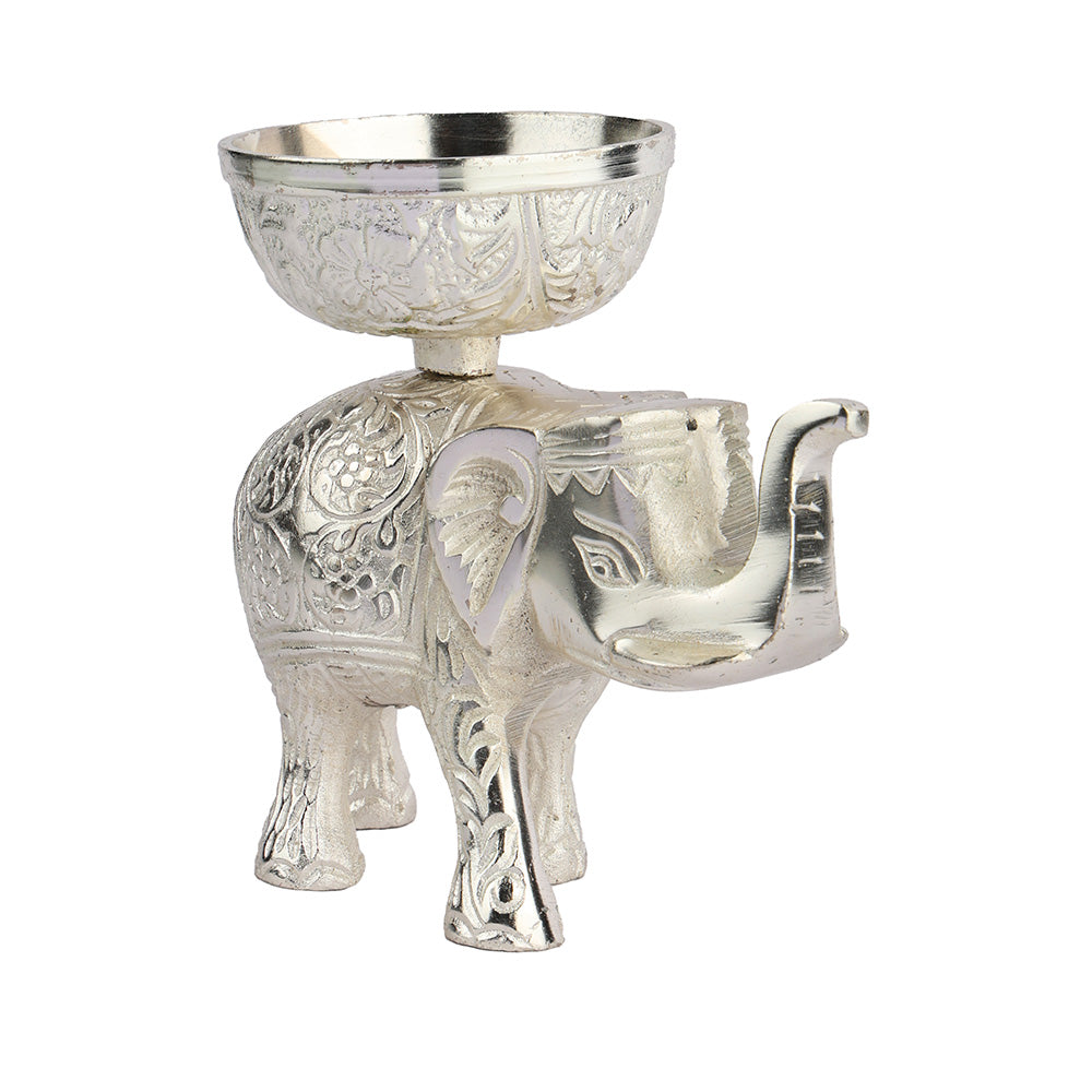 Elephant Oil Lamp Diya – Silver Plated Pooja Lamp Spiritual Use