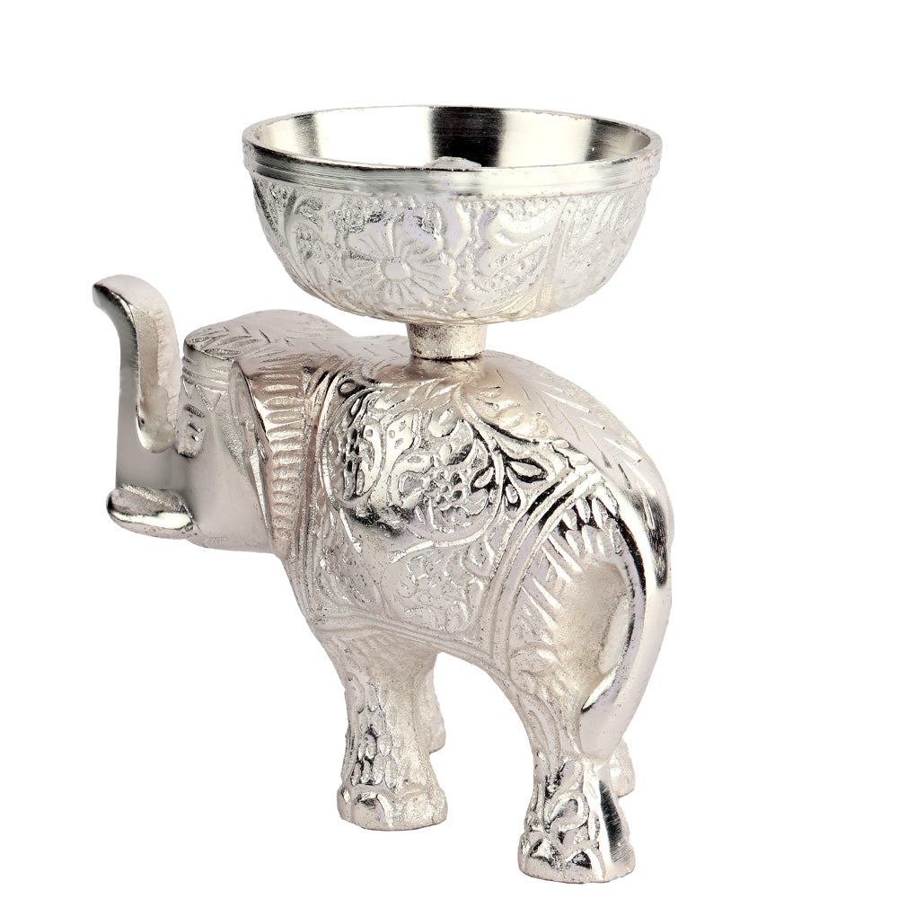 Elephant Oil Lamp Diya – Silver Plated Pooja Lamp Spiritual Use