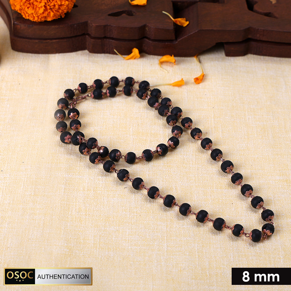 100% original and government certified 8mm Karungali mala with copper capping, ideal for meditation, spiritual protection, and positive energy. India’s Premium Jap Mala Store - www.satvikstore.in