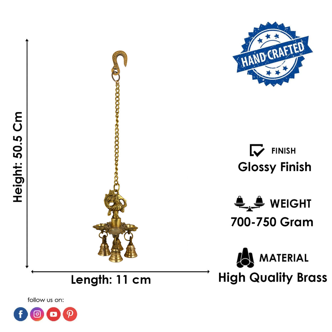 Brass Chaumukh Peacock Hanging Diya with Bells